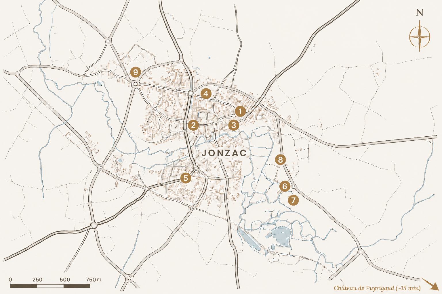 Map of Jonzac showing hotel locations